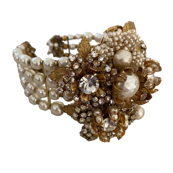 Miriam Haskell Jewelry - Vintage Miriam Haskell signed Pearl memory wire bracelet  cuff floral rare